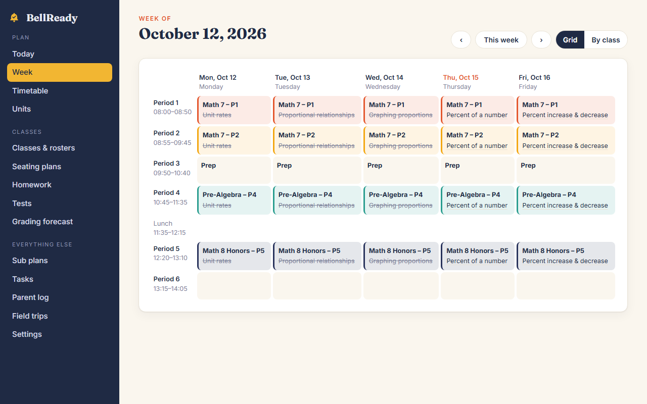 Weekly grid with periods down and days across, each class in its own color